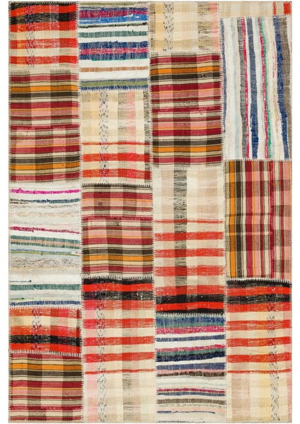 Teselya Bej Çizgili Yün Modern Desenli Yün Hav Toz Vermez Leke Tutmayan Salon Yolluk Mutfak El Dokuma Halı