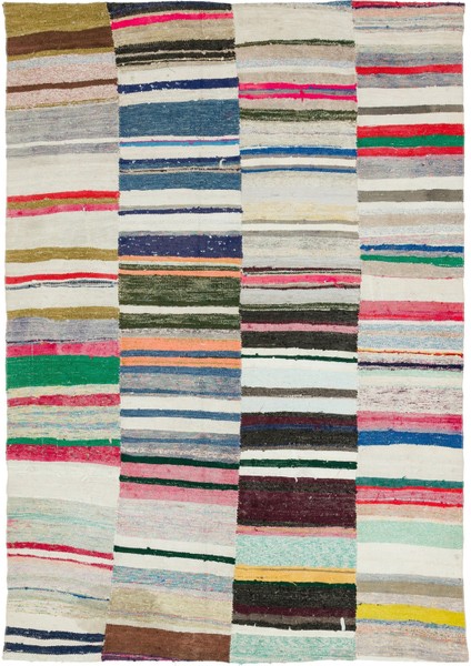 Girit Bej Çizgili Yün Modern Desenli Yün Hav Toz Vermez Leke Tutmayan Salon Yolluk Mutfak El Dokuma Halı