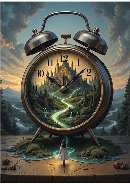 Çalar Saat ve Şato Manzarası Mdf Tablo