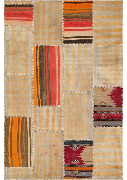 Girit Bej Çizgili Yün Modern Desenli Yün Hav Toz Vermez Leke Tutmayan Salon Yolluk Mutfak El Dokuma Halı