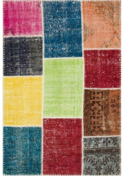 Teselya Bej Patchwork Yün Modern Desenli Yün Hav Toz Vermez Leke Tutmayan Salon Yolluk Mutfak El Dokuma Halı