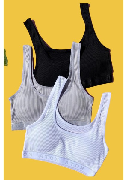 Kadın Fitilli Siyah-Beyaz-Gri Kalın Askılı Çıkarılabilir Pedli Büstiyer Yarım Atlet 3 Adet