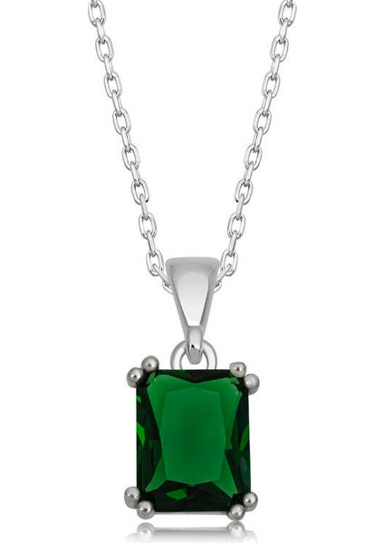 925 Ayar Gümüş Yeşil Kristal Kare Taşlı Kadın Gümüş Kolye T6909 (491491)