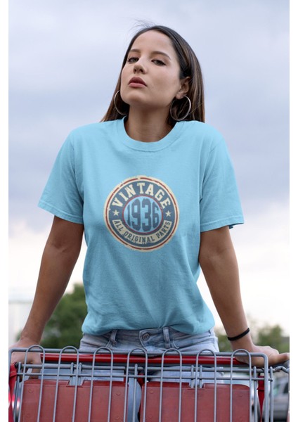 Vintage Baskılı / Kadın Çok Renkli T-Shirt %100 Pamuk Regular Fıt Rahat Kalıp
