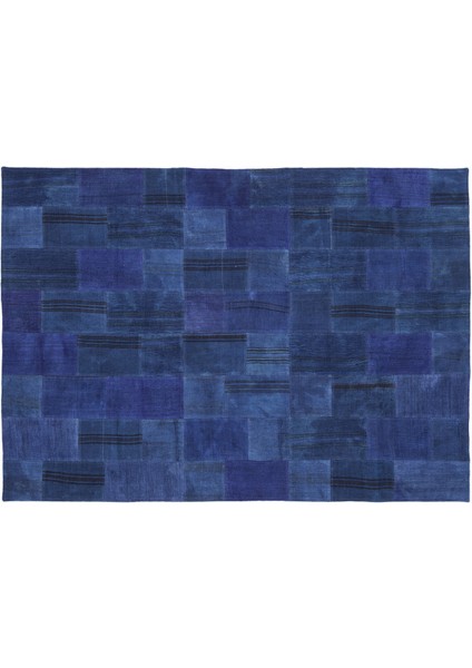 Mavi Patchwork Etnik Modern Desenli Yün Hav Toz Vermez Leke Tutmayan Salon Yolluk Mutfak El Dokuma Halı