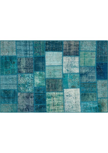 Mavi Patchwork Etnik Modern Desenli Yün Hav Toz Vermez Leke Tutmayan Salon Yolluk Mutfak El Dokuma Halı