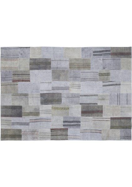 Gri Patchwork Etnik Modern Desenli Yün Hav Toz Vermez Leke Tutmayan Salon Yolluk Mutfak El Dokuma Halı