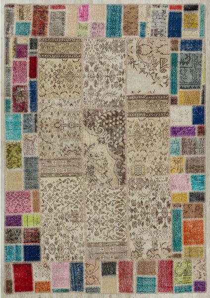 Bej Patchwork Etnik Modern Desenli Yün Hav Toz Vermez Leke Tutmayan Salon Yolluk Mutfak El Dokuma Halı