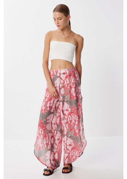 Desenli Yırtmaçlı Viskon Pantolon LFZ0008 Gri Pembe