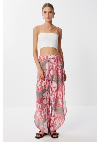 Desenli Yırtmaçlı Viskon Pantolon LFZ0008 Gri Pembe modelleri