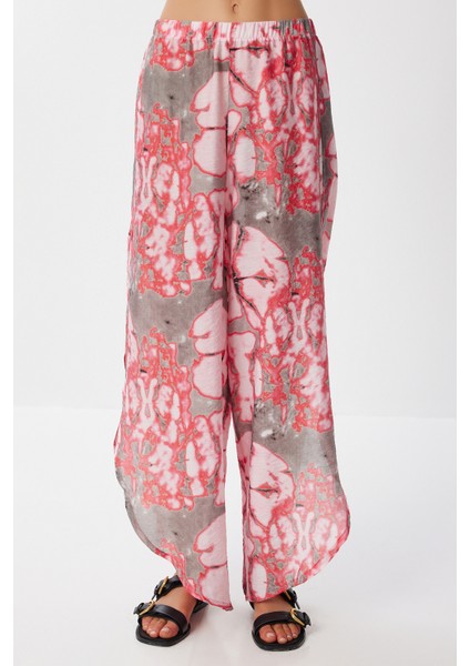 Desenli Yırtmaçlı Viskon Pantolon LFZ0008 Gri Pembe fırsatları