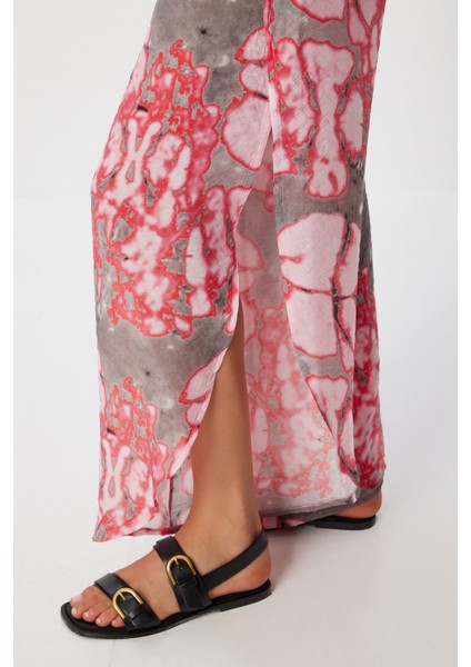 Desenli Yırtmaçlı Viskon Pantolon LFZ0008 Gri Pembe indirimleri