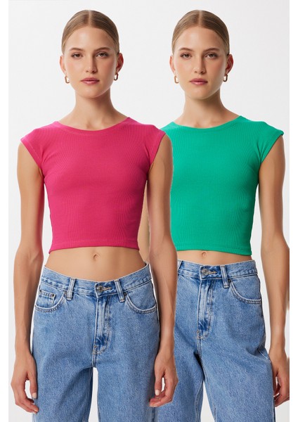 2’li Paket Basic Fitilli Örme Crop Bluz LMX0123 Yeşil Koyu Pembe