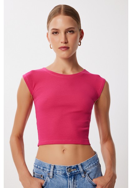 2’li Paket Basic Fitilli Örme Crop Bluz LMX0123 Yeşil Koyu Pembe fiyatları
