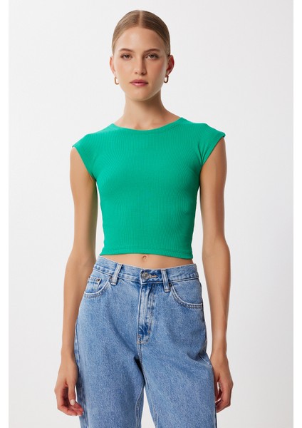 2’li Paket Basic Fitilli Örme Crop Bluz LMX0123 Yeşil Koyu Pembe indirimleri