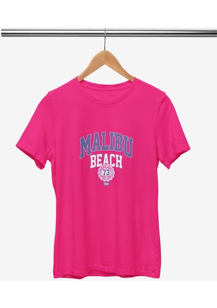 Malıbu Beach Baskılı / Kadın Çok Renkli T-Shirt %100 Pamuk Regular Fıt Rahat Kalıp fiyatları