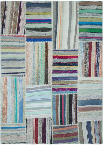 Teselya Mavi Patchwork Yün Modern Desenli Yün Hav Toz Vermez Leke Tutmayan Salon Yolluk Mutfak El Dokuma Halı