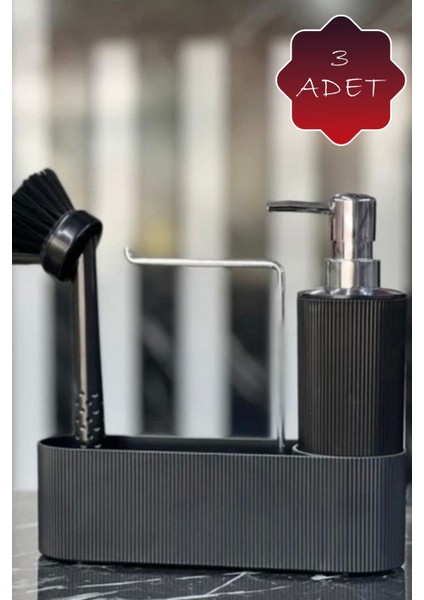 Mithra Life 3 Lü Krom Kapaklı Siyah Deterjanlık Fırçalı Mutfak Banyo Temizlik Seti Düzenleyici MIT1175