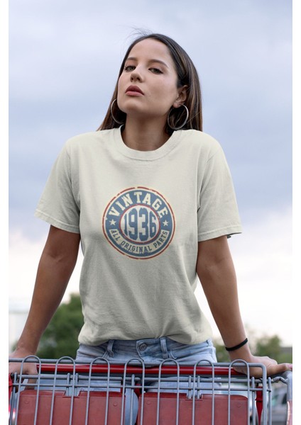 Vintage Baskılı / Kadın Çok Renkli T-Shirt %100 Pamuk Regular Fıt Rahat Kalıp