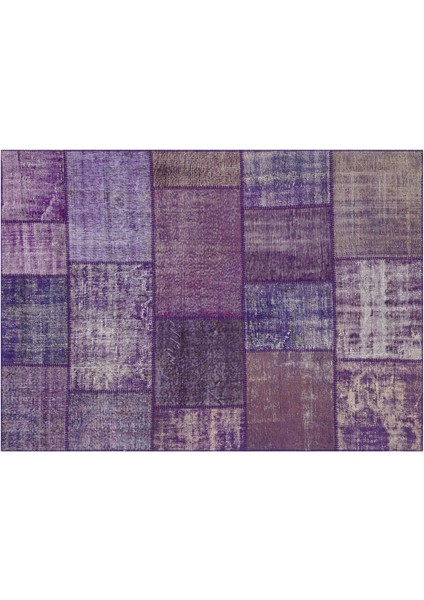 Mor Patchwork Etnik Modern Desenli Yün Hav Toz Vermez Leke Tutmayan Salon Yolluk Mutfak El Dokuma Halı
