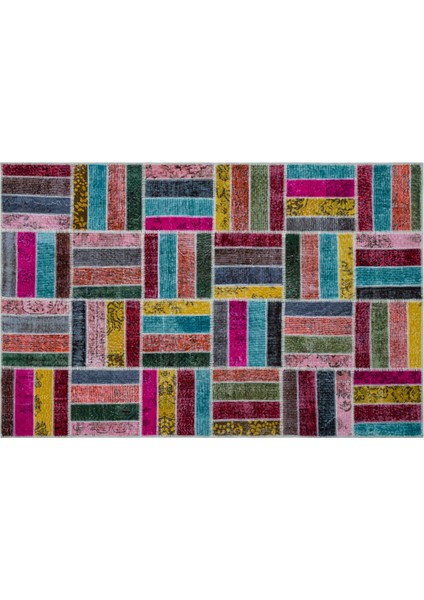 Mavi Patchwork Yün Modern Desenli Yün Hav Toz Vermez Leke Tutmayan Salon Yolluk Mutfak El Dokuma Halı