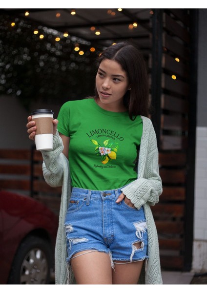Lımoncello Baskılı / Kadın Çok Renkli T-Shirt %100 Pamuk Regular Fıt Rahat Kalıp