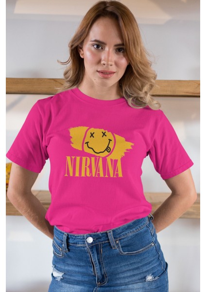 Nirvana Baskılı / Kadın Çok Renkli T-Shirt %100 Pamuk Regular Fıt Rahat Kalıp