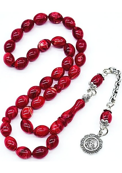 Kırmızı Renk Hareli Sıkma Ateş Kehribar Tesbih