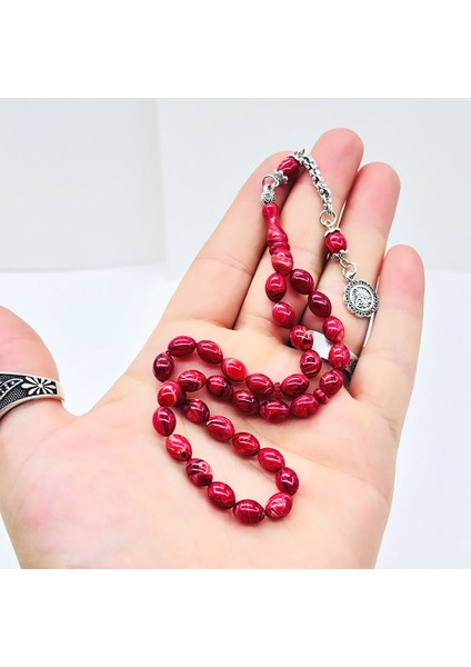 Kırmızı Renk Hareli Sıkma Ateş Kehribar Tesbih modelleri