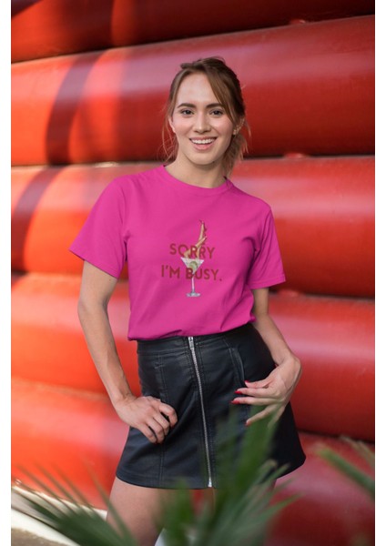 Sorry I'm Bussy Baskılı / Kadın Çok Renkli T-Shirt %100 Pamuk Regular Fıt Rahat Kalıp