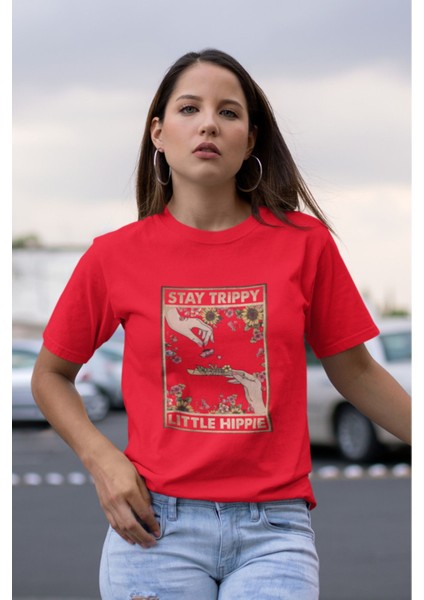 Stay Trıppy Baskılı / Kadın Çok Renkli T-Shirt %100 Pamuk Regular Fıt Rahat Kalıp