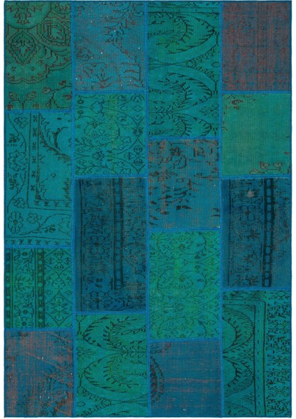 Iskece Turkuaz Eskitme Etnik Modern Desenli Yün Hav Toz Vermez Leke Tutmayan Salon Yolluk Mutfak El Dokuma Halı