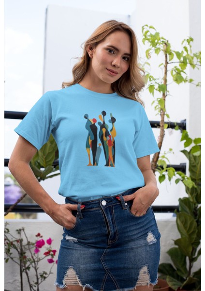 Bohem Desen Baskılı / Kadın Çok Renkli T-Shirt %100 Pamuk Regular Fıt Rahat Kalıp