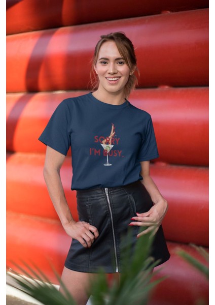 Sorry I'm Bussy Baskılı / Kadın Çok Renkli T-Shirt %100 Pamuk Regular Fıt Rahat Kalıp