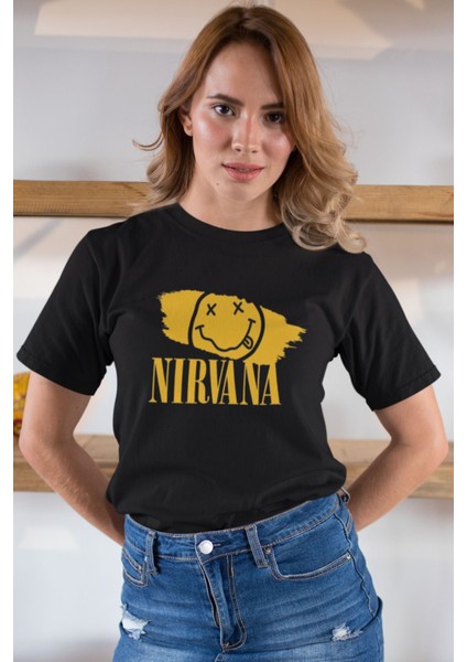 Nirvana Baskılı / Kadın Çok Renkli T-Shirt %100 Pamuk Regular Fıt Rahat Kalıp