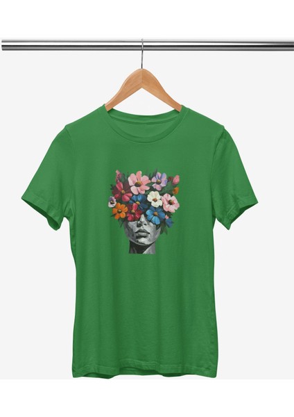 Flowers Head Baskılı / Kadın Çok Renkli T-Shirt %100 Pamuk Regular Fıt Rahat Kalıp fiyatları