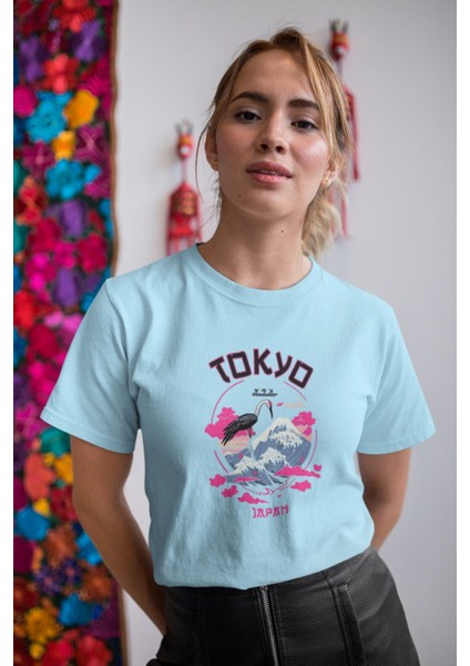 Tokyo Japan Flamingo Baskılı/ Kadın Çok Renkli T-Shirt %100 Pamuk Regular Fıt Rahat Kalıp