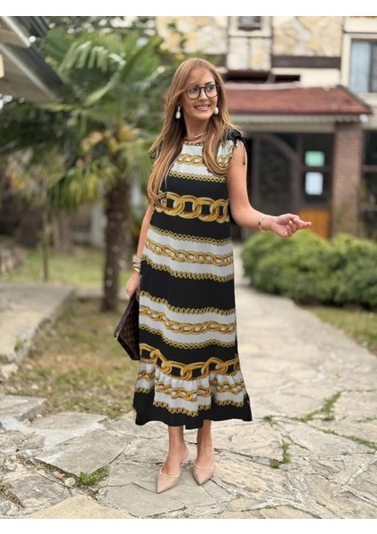 Kadın Omuzlardan Büzgülü Kayık Yaka Fırfırlı Janjan Krep Elbise 2xl-3xl-Desenli