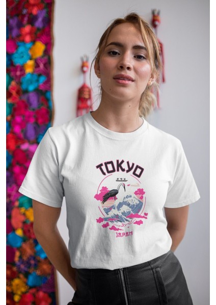 Tokyo Japan Flamingo Baskılı/ Kadın Çok Renkli T-Shirt %100 Pamuk Regular Fıt Rahat Kalıp