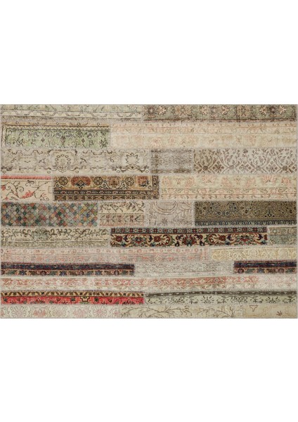 Bej Patchwork Etnik Modern Desenli Yün Hav Toz Vermez Leke Tutmayan Salon Yolluk Mutfak El Dokuma Halı