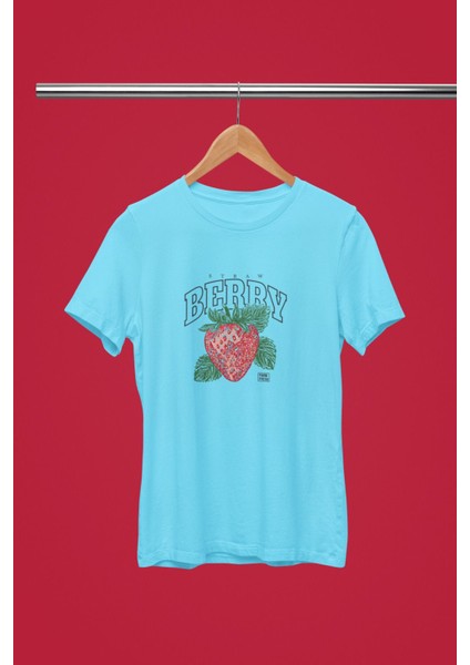Berry Çilek Baskılı Regular Fıt / Mavi Renk T-Shirt %100 Pamuk fiyatları
