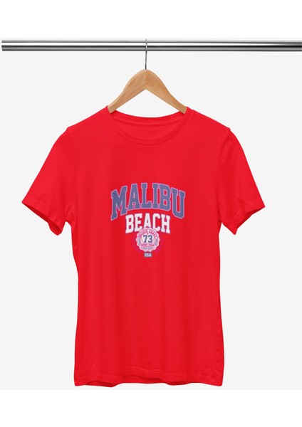 Malıbu Beach Baskılı / Kadın Çok Renkli T-Shirt %100 Pamuk Regular Fıt Rahat Kalıp fiyatları