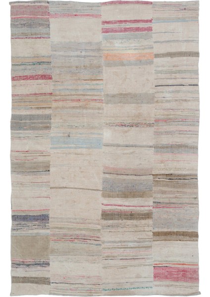 Girit Bej Çizgili Yün Modern Desenli Yün Hav Toz Vermez Leke Tutmayan Salon Yolluk Mutfak El Dokuma Halı