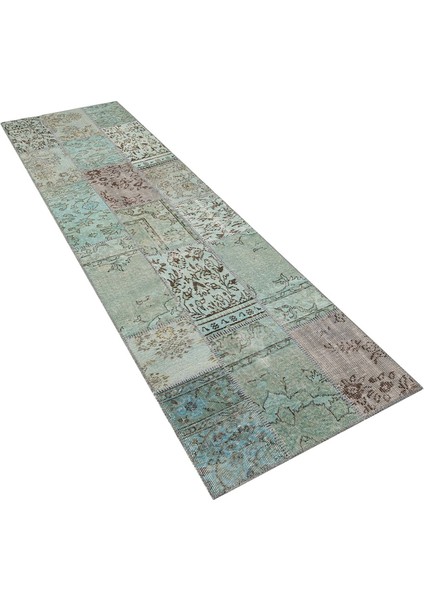 Yeşil Patchwork Etnik Modern Desenli Yün Hav Toz Vermez Leke Tutmayan Salon Yolluk Mutfak El Dokuma Halı modelleri