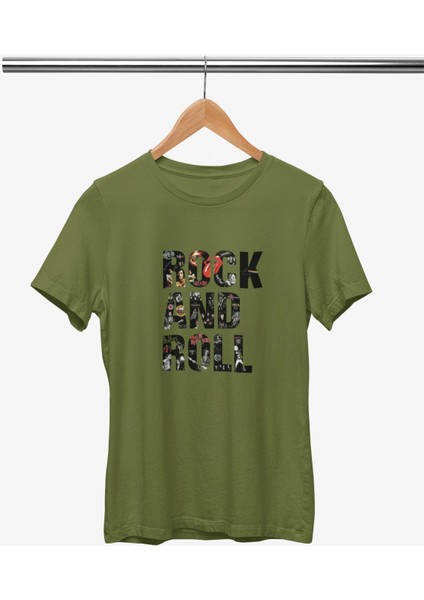 Rock And Roll Baskılı / Kadın Çok Renkli T-Shirt %100 Pamuk Regular Fıt Rahat Kalıp fiyatları