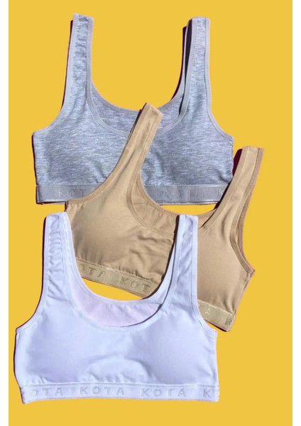 Kadın Düz Beyaz-Ten-Gri Kalın Askılı Çıkarılabilir Pedli Büstiyer Yarım Atlet 3 Adet