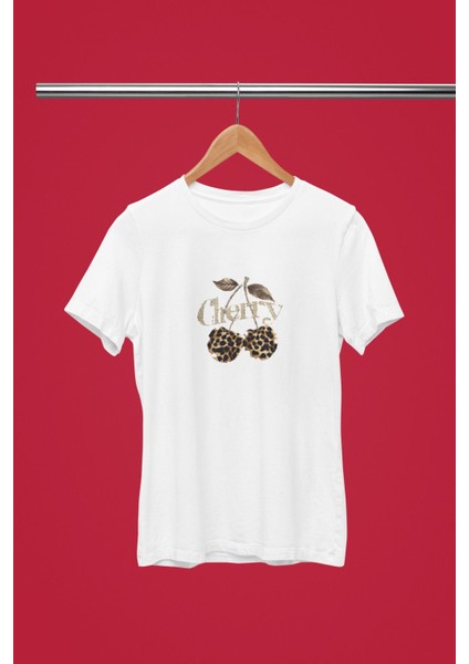Leoparlı Cherry Baskılı / Kadın Çok Renkli T-Shirt %100 Pamuk Regular Fıt Rahat Kalıp fiyatları