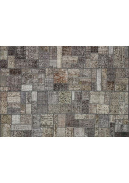 Gri Patchwork Etnik Modern Desenli Yün Hav Toz Vermez Leke Tutmayan Salon Yolluk Mutfak El Dokuma Halı