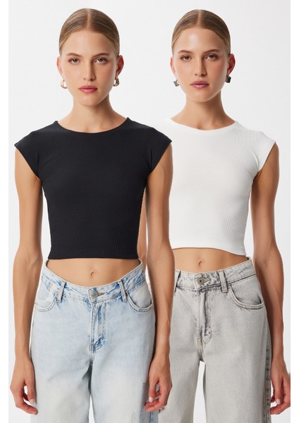 2’li Paket Basic Fitilli Örme Crop Bluz LMX0123 Siyah Ekru