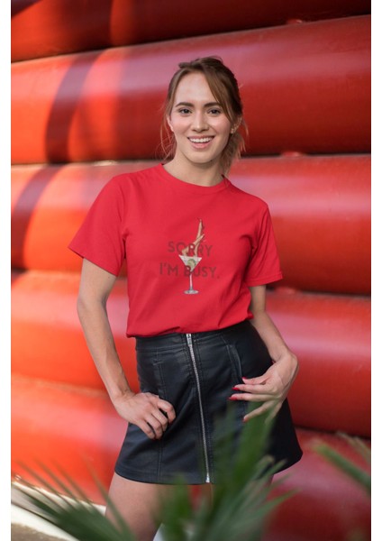 Sorry I'm Bussy Baskılı / Kadın Çok Renkli T-Shirt %100 Pamuk Regular Fıt Rahat Kalıp